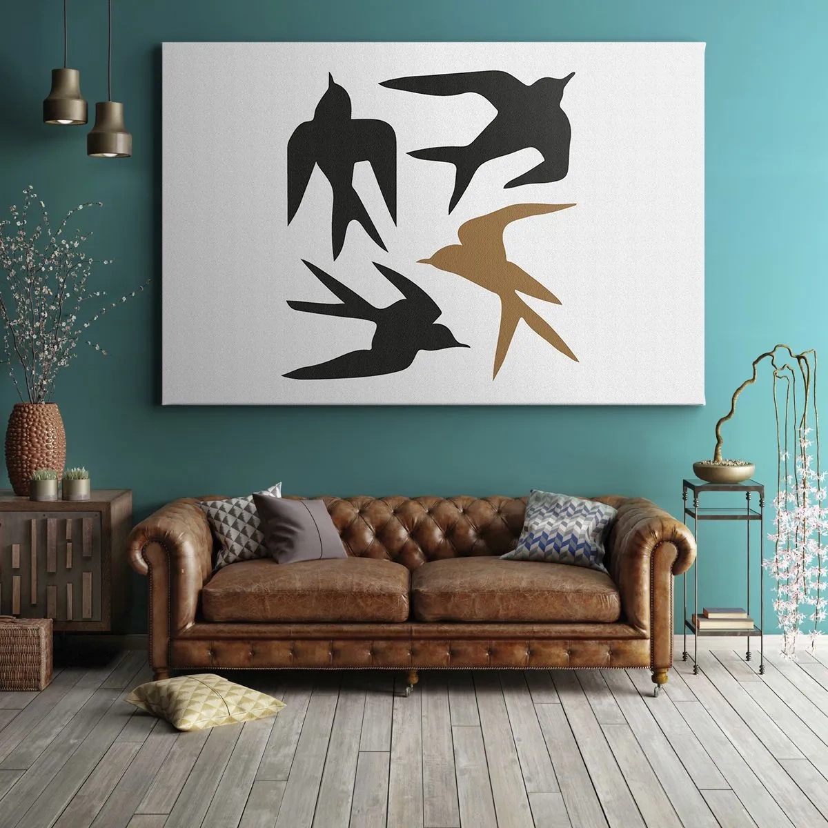 Quadro su tela - Stampe su Tela - Silhouette di rondini in nero e oro - 100x70cm - Giochi di rondini - Decorazione murale moderna per soggiorno e camera da letto ARTTOR