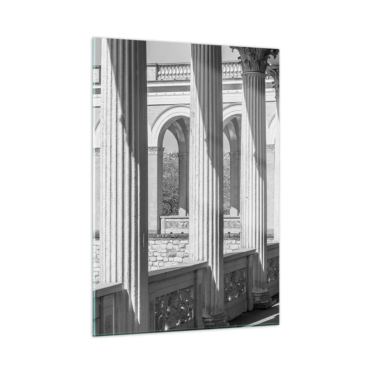 Quadro su vetro - Un colonnato bianco e nero con un gioco ritmico di luci e ombre - 50x70cm - Portico soleggiato - Decorazione murale moderna per soggiorno e camera da letto ARTTOR