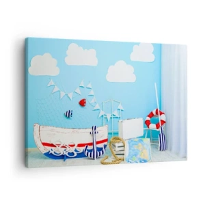 Quadro su tela - Stampe su Tela - Decorazione nautica con barca e accessori su sfondo blu - 70x50cm - La nostalgia delle avventure dei bambini - Decorazione murale moderna per soggiorno e camera da letto ARTTOR