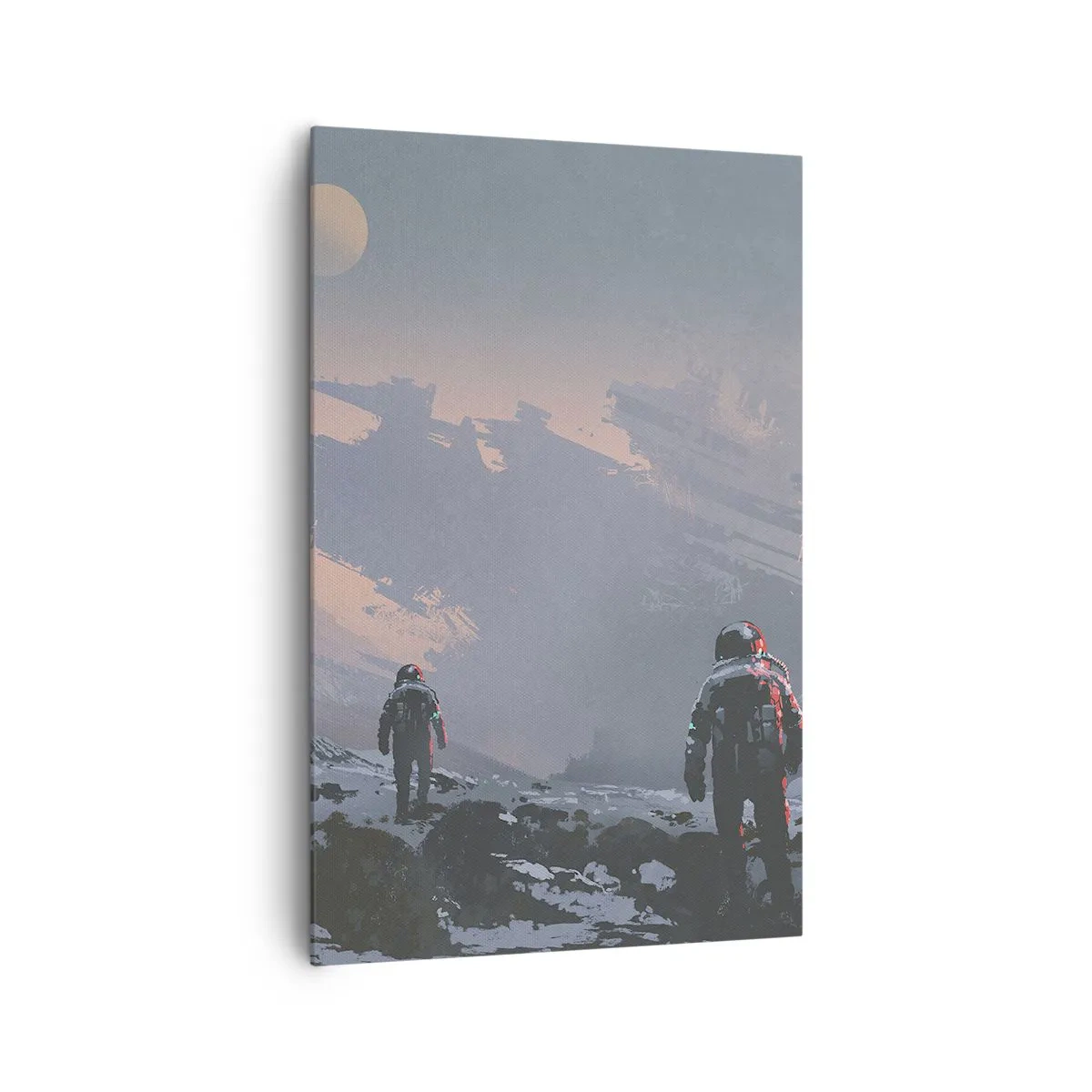 Quadro su tela - Stampe su Tela - Astronauti su un pianeta alieno con un relitto di astronave - 80x120cm - Sotto una stella sconosciuta - Decorazione murale moderna per soggiorno e camera da letto ARTTOR