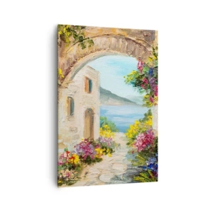Quadro su tela - Stampe su Tela - Paesaggio marino con edifici in pietra e fiori - 70x100cm - La bellezza della provincia costiera - Decorazione murale moderna per soggiorno e camera da letto ARTTOR
