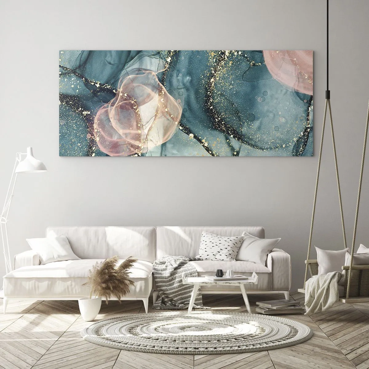 Quadro su vetro - Blu di seta, rosa di tulle - 100x40 cm