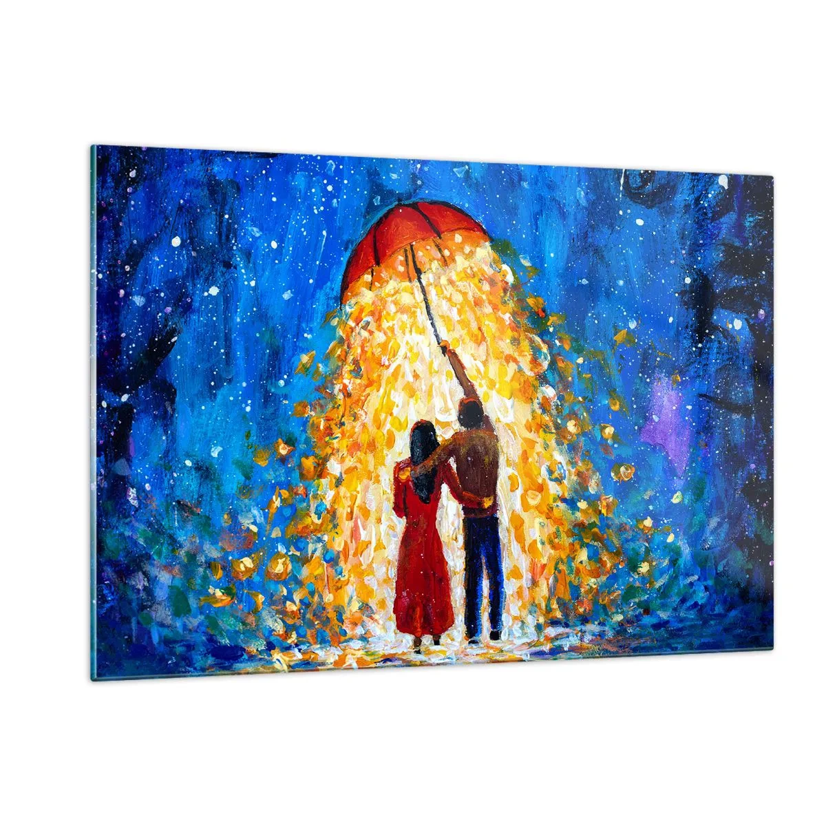 Quadro su vetro - Una coppia sotto un ombrello circondata da una luce dorata contro il cielo notturno - 120x80cm - La magia di una sera piovosa? - Decorazione murale moderna per soggiorno e camera da letto ARTTOR