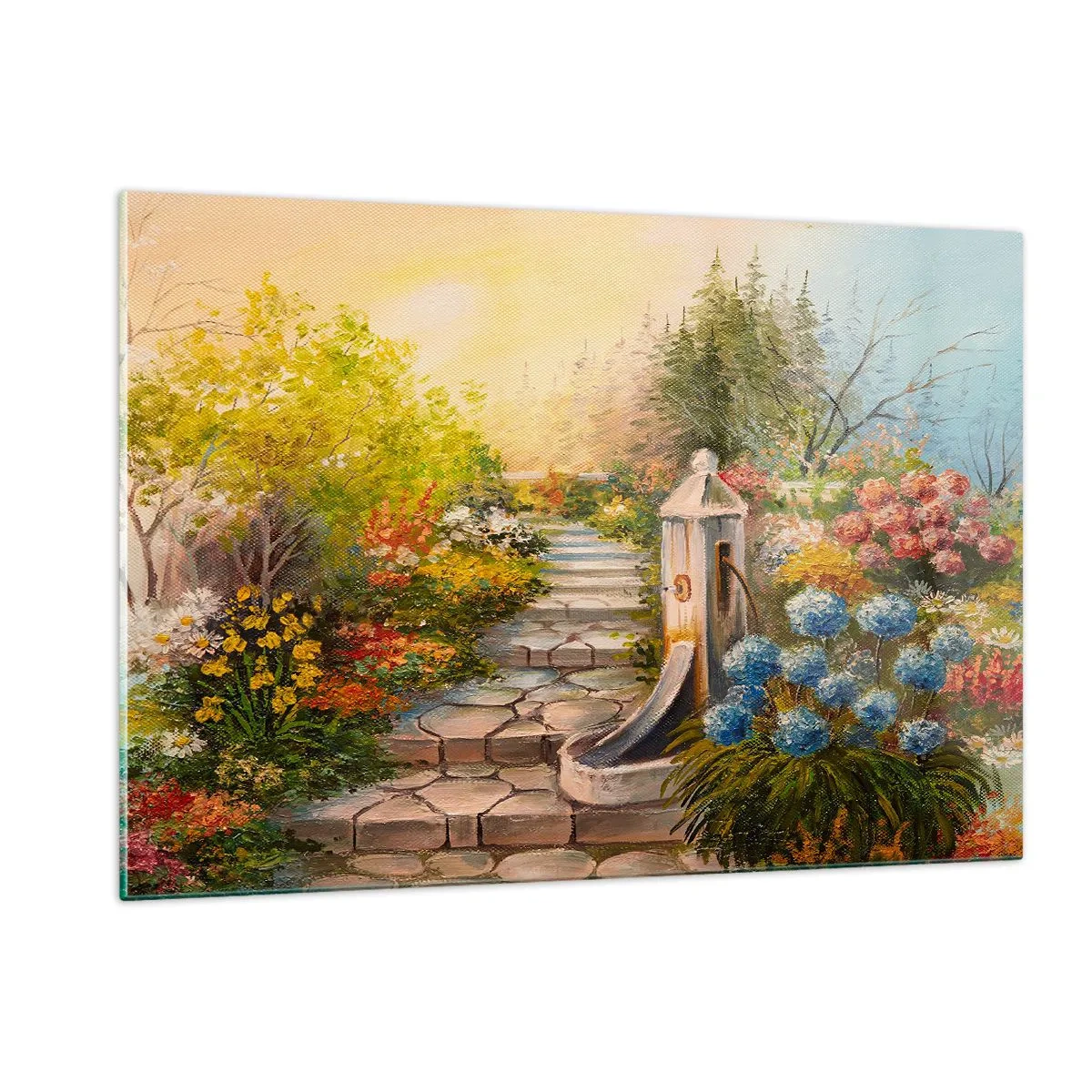 Quadro su vetro - Un giardino fiorito con una fontana in piena fioritura - 120x80cm - In piena fioritura - Decorazione murale moderna per soggiorno e camera da letto ARTTOR