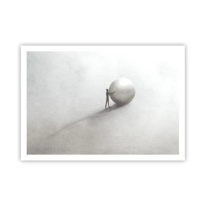 Poster - Una figura minimalista con una palla su uno sfondo chiaro e monocromatico. - 100x70cm - Il gioco della vita - Decorazione murale moderna per soggiorno e camera da letto ARTTOR