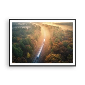 Poster in cornice nera - Un treno in una foresta autunnale all'alba - 100x70cm - Viaggio autunnale - Decorazione murale moderna per soggiorno e camera da letto ARTTOR