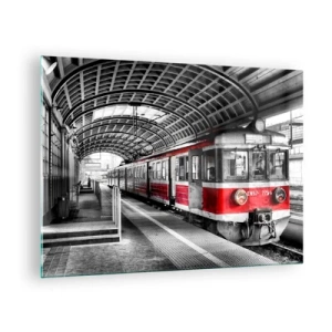 Quadro su vetro - Trenino rosso alla stazione sotto un tetto - 70x50cm - Sarà il viaggio della propria vita? - Decorazione murale moderna per soggiorno e camera da letto ARTTOR