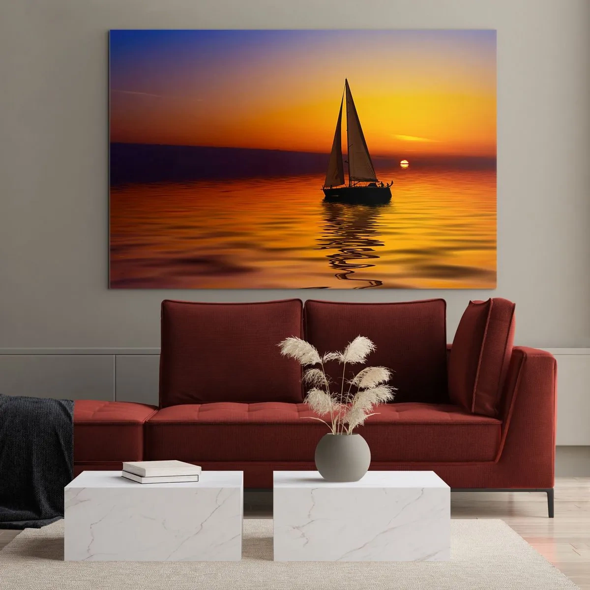 Quadro su vetro - Una barca a vela sull'acqua al tramonto - 100x70cm - Che silenzio al tramonto... - Decorazione murale moderna per soggiorno e camera da letto ARTTOR