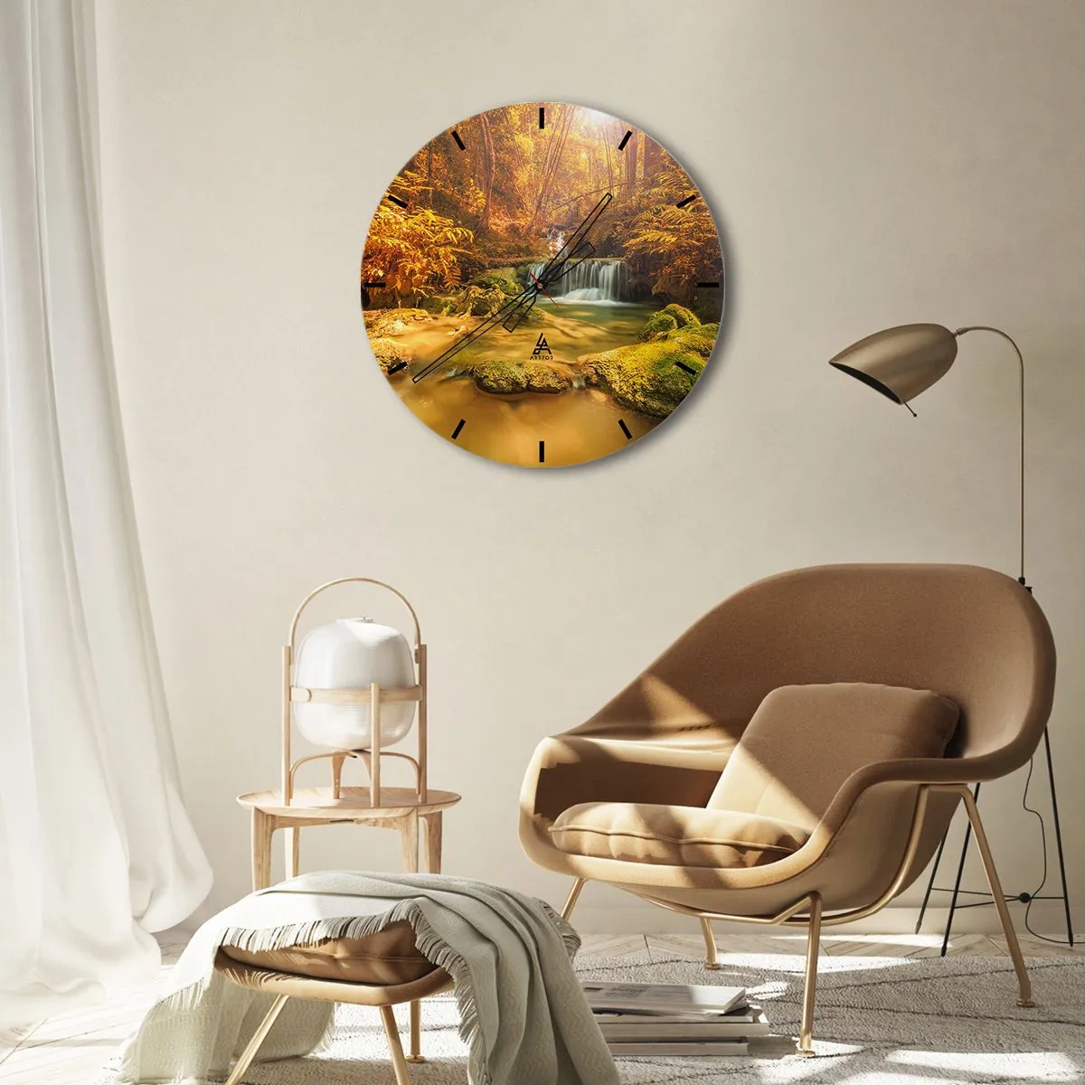 Orologio da parete - Orologio in Vetro - Cascata boschiva in oro - 30x30 cm