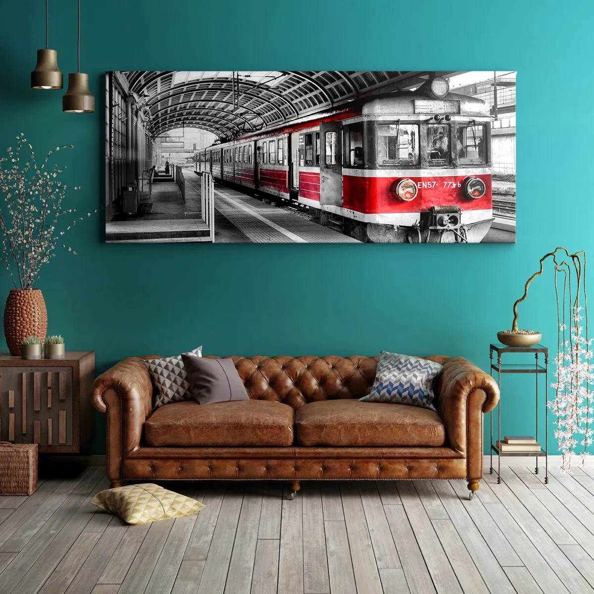 Quadro su tela - Stampe su Tela - Trenino rosso alla stazione sotto un tetto - 120x50cm - Sarà il viaggio della propria vita? - Decorazione murale moderna per soggiorno e camera da letto ARTTOR