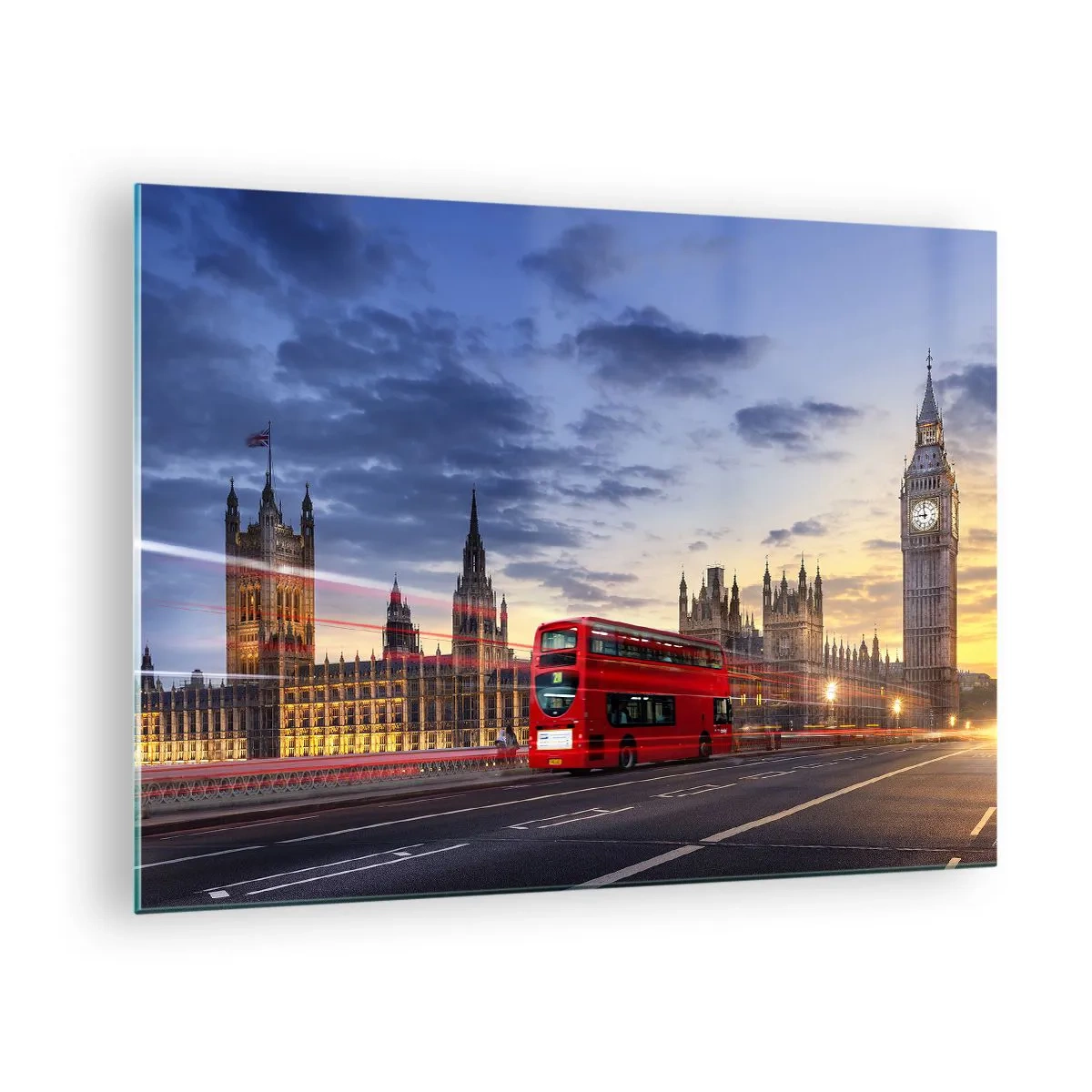 Quadro su vetro - Il Big Ben e l'autobus rosso a Londra al tramonto - 70x50cm - Segni particolari - Decorazione murale moderna per soggiorno e camera da letto ARTTOR