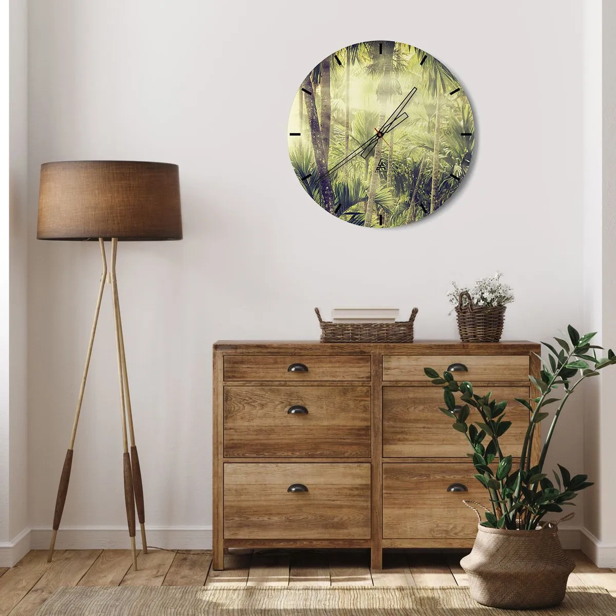Orologio da parete - Orologio in Vetro - Foresta tropicale di palme sotto i raggi del sole - 30x30cm - Nell'afa verde - Decorazione murale moderna per soggiorno, cucina e camera da letto ARTTOR
