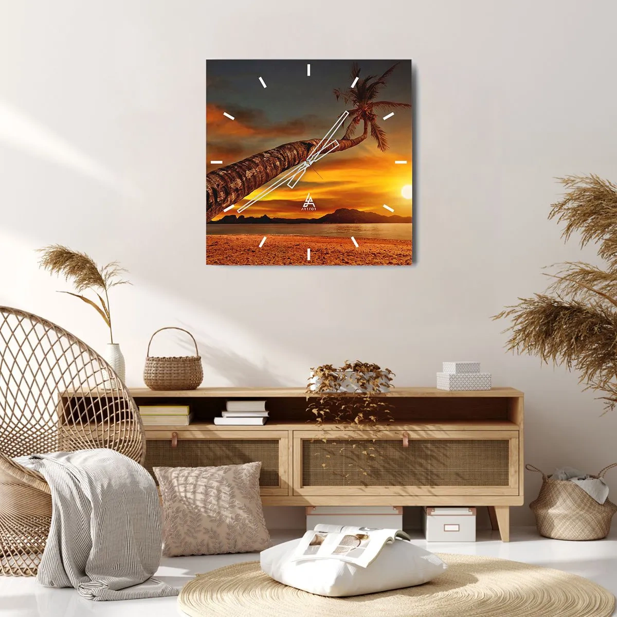 Orologio da parete - Orologio in Vetro - Palma sulla spiaggia al tramonto con vista sul mare - 30x30cm - Vacanze esotiche, avventura nei Caraibi - Decorazione murale moderna per soggiorno e camera da letto ARTTOR