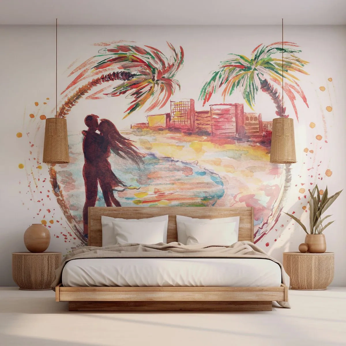 Fotomurali Premium Sand - Coppia romantica sulla spiaggia in stile acquerello - 100x70cm - Vacanze romantiche - Decorazione murale moderna per soggiorno e camera da letto ARTTOR