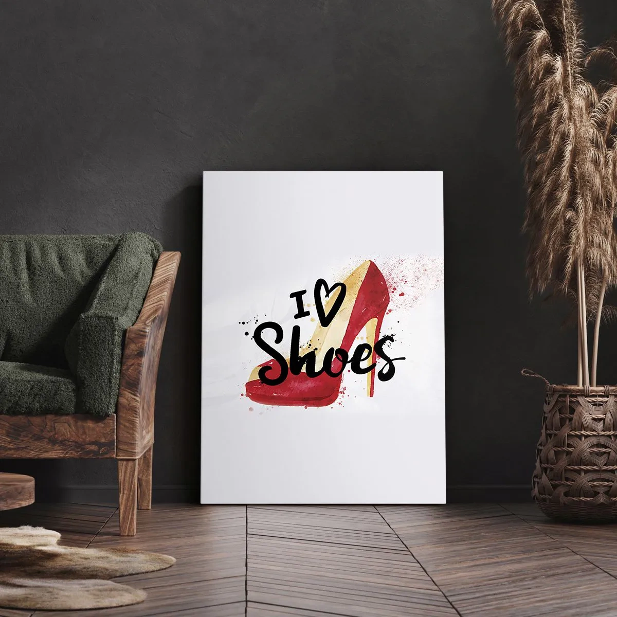 Quadro su tela - Stampe su Tela - Stiletto rosso con la scritta I love Shoes su sfondo bianco - 80x120cm - Gli amori sono tanti - Decorazione murale moderna per soggiorno e camera da letto ARTTOR