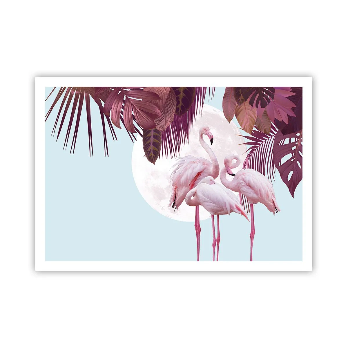 Poster - Fenicotteri rosa sullo sfondo della luna e delle foglie tropicali - 100x70cm - Tre grazie alate - Decorazione murale moderna per soggiorno e camera da letto ARTTOR