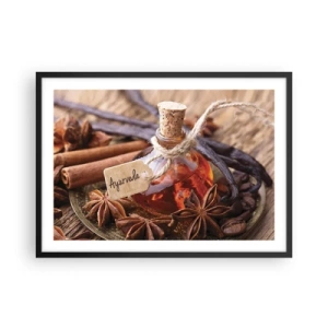 Poster in cornice nera - Una bottiglia di olio speziato su un vassoio - 70x50cm - Verso l'unità del corpo e dell'anima - Decorazione murale moderna per soggiorno e camera da letto ARTTOR