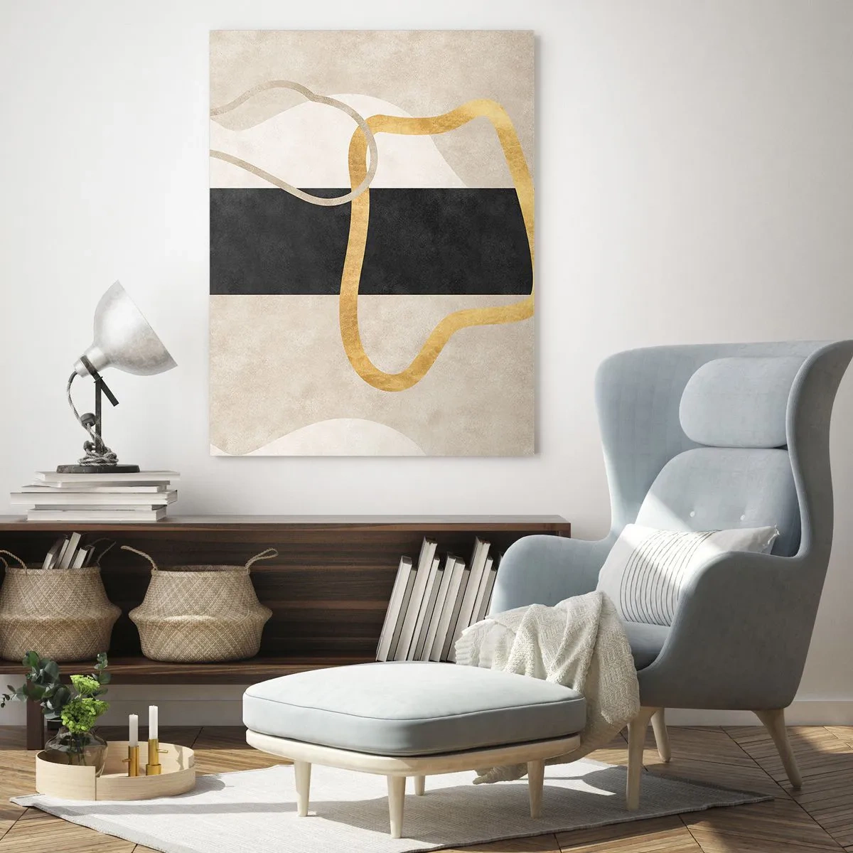 Quadro su vetro - Linee dorate e beige formano forme ad anello su uno sfondo a strisce nere. - 50x70cm - Forme intrecciate - Decorazione murale moderna per soggiorno e camera da letto ARTTOR