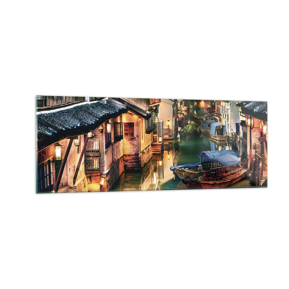 Quadro su vetro - Vista notturna dei canali con barche e case tradizionali - 140x50cm - Sera in una via cinese - Decorazione murale moderna per soggiorno e camera da letto ARTTOR