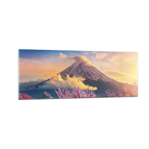 Quadro su vetro - Il monte Fuji con i fiori di ciliegio sullo sfondo al tramonto - 140x50cm - Sacralità giapponese - Decorazione murale moderna per soggiorno e camera da letto ARTTOR