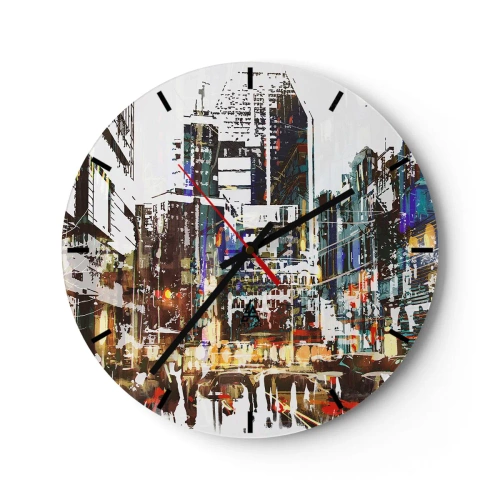 Orologio da parete - Orologio in Vetro - Panorama urbano astratto dai colori intensi - 30x30cm - Città lampeggiante - Decorazione murale moderna per soggiorno, cucina e camera da letto ARTTOR