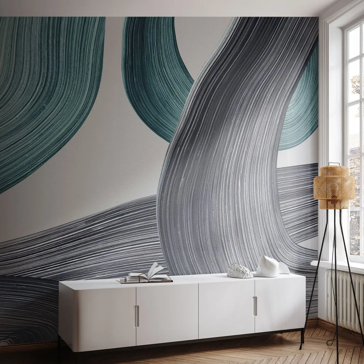 Fotomurali Premium Canvas - Tracce smeraldo e nero - Colore, Spazzola, Minimalismo - 200x140 cm