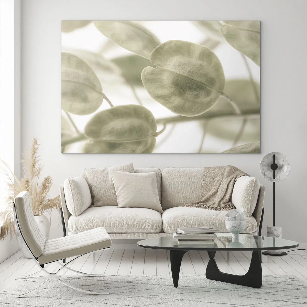 Quadro su vetro - Primo piano delle foglie in delicate tonalità pastello di verde - 100x70cm - All'inizio vi erano le foglie... - Decorazione murale moderna per soggiorno e camera da letto ARTTOR
