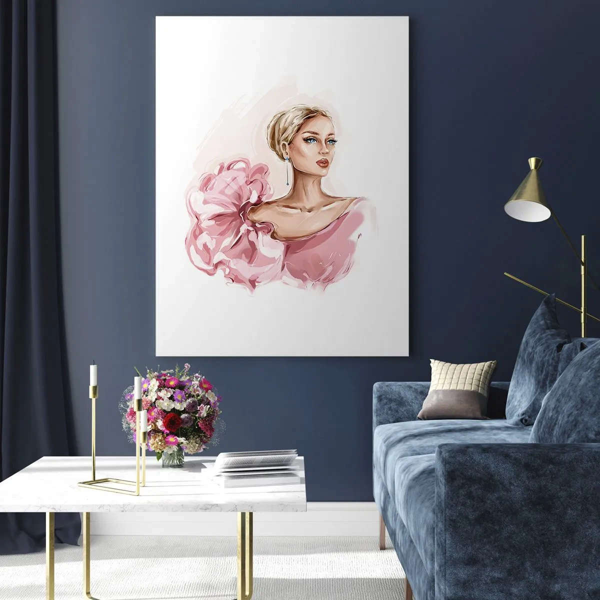 Quadro su vetro - Ritratto stilizzato di una donna in abito rosa - 50x70cm - Come un quadro... - Decorazione murale moderna per soggiorno e camera da letto ARTTOR