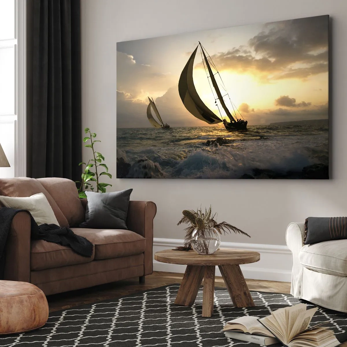 Quadro su tela - Stampe su Tela - Barche a vela in mare al tramonto - 70x50cm - Con il vento e controvento - Decorazione murale moderna per soggiorno e camera da letto ARTTOR