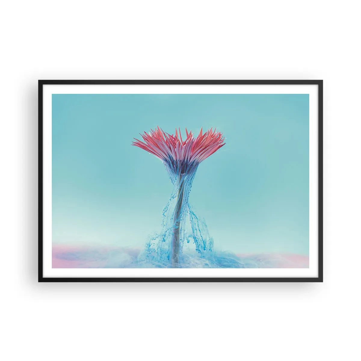 Poster in cornice nera - Un fiore rosa e blu in una composizione artistica su uno sfondo pastello - 100x70cm - L'abbraccio che ravviva - Decorazione murale moderna per soggiorno e camera da letto ARTTOR