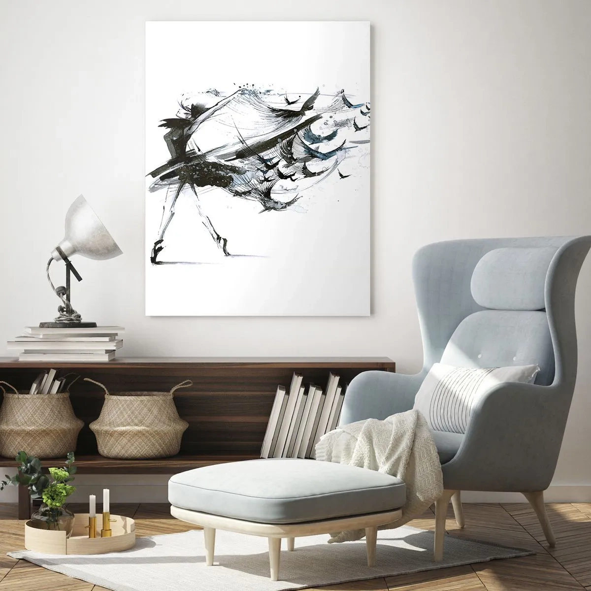 Quadro su vetro - Ballerina in movimento con uccelli fluttuanti - 50x70cm - La magia della musica libera dall'incantesimo - Decorazione murale moderna per soggiorno e camera da letto ARTTOR