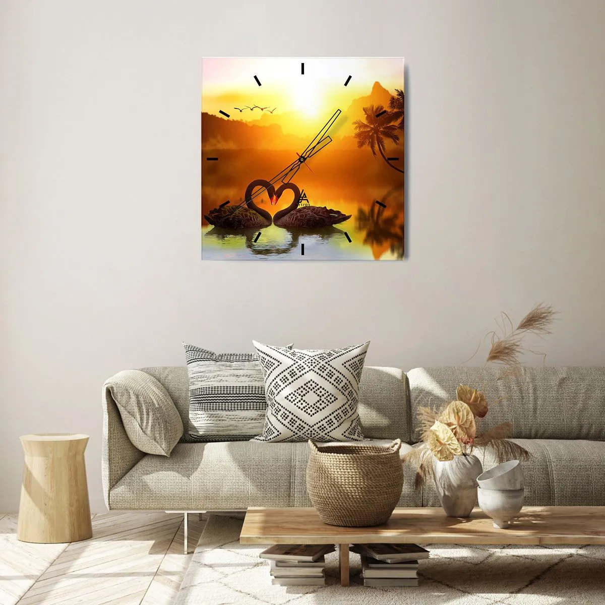 Orologio da parete - Orologio in Vetro - Due cigni neri formano un cuore sullo sfondo di un tramonto sul lago - 30x30cm - Tutto in coppia - Decorazione murale moderna per soggiorno e camera da letto ARTTOR