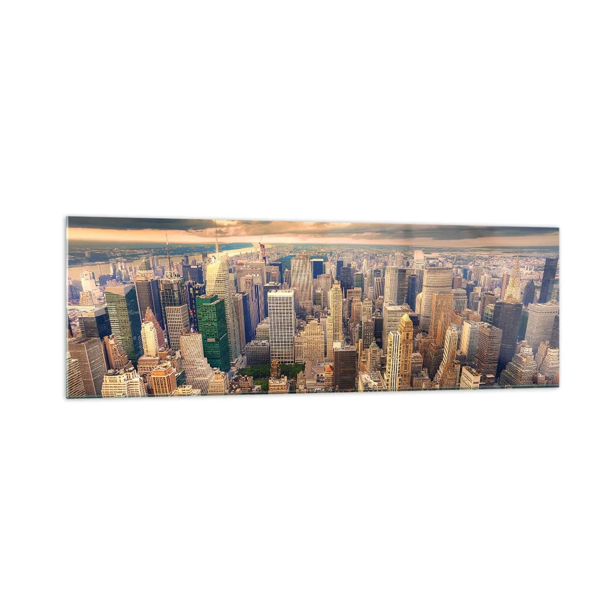 Quadro su vetro - Panorama della città con vista sui grattacieli al tramonto - 160x50cm - Metropolis dorata - Decorazione murale moderna per soggiorno e camera da letto ARTTOR