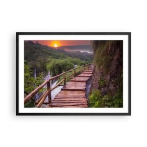 Poster in cornice nera - Un ponte che domina le cascate al tramonto - 70x50cm - Una bellezza incredibile - Decorazione murale moderna per soggiorno e camera da letto ARTTOR