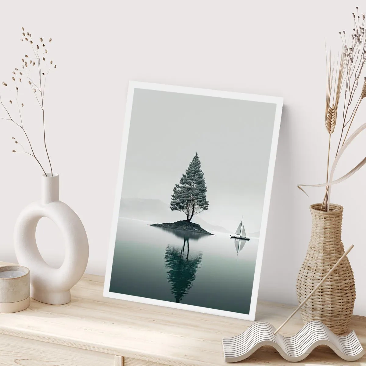Poster - Un albero solitario su un'isola con un riflesso nell'acqua - 50x70cm - Paesaggio onirico - Decorazione murale moderna per soggiorno e camera da letto ARTTOR