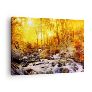 Quadro su tela - Stampe su Tela - Foresta autunnale con ruscello tra foglie dorate - 70x50cm - Pietre incorniciate in oro e platino - Decorazione murale moderna per soggiorno e camera da letto ARTTOR