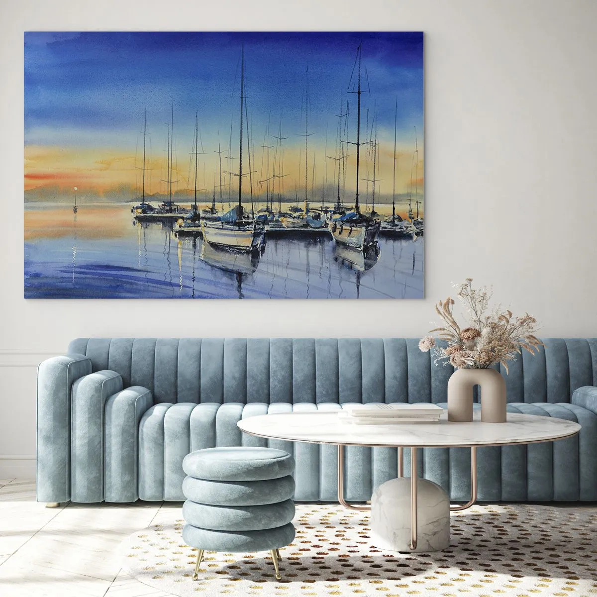 Quadro su vetro - Barche a vela nel porto al tramonto - 120x80cm - La fine di una buona giornata - Decorazione murale moderna per soggiorno e camera da letto ARTTOR