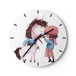 Orologio da parete - Orologio in Vetro - Una ragazza in abito invernale che bacia un unicorno su uno sfondo bianco - 30x30cm - Racconto d'inverno - Decorazione murale moderna per soggiorno, cucina e camera da letto ARTTOR