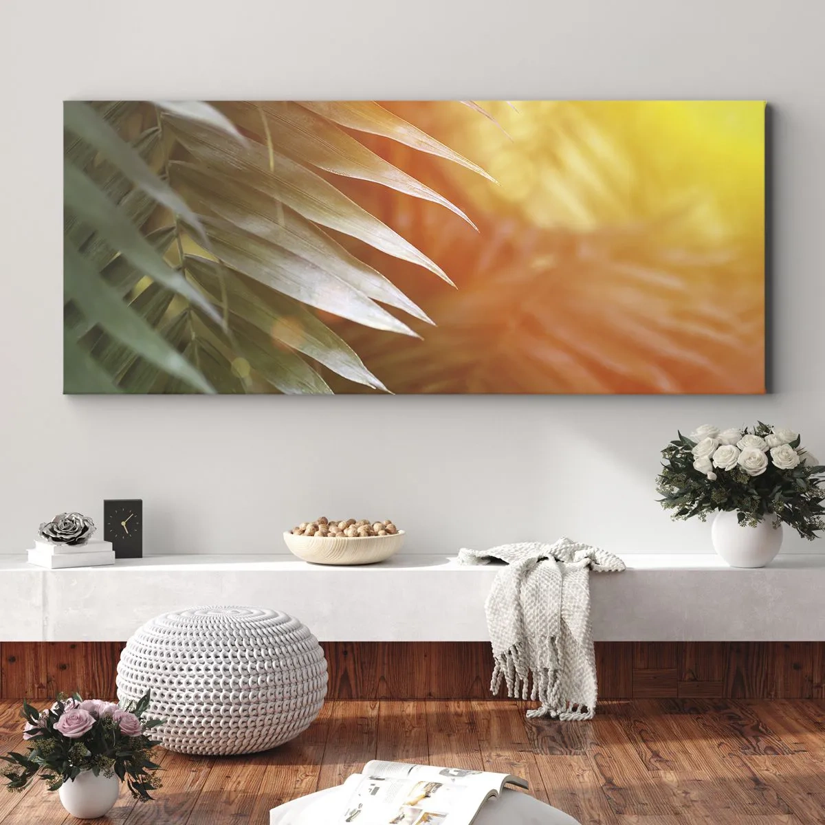 Quadro su tela - Stampe su Tela - Foglie di palma nei raggi del tramonto - 120x50cm - L'alba nella giungla - Decorazione murale moderna per soggiorno e camera da letto ARTTOR