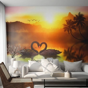 Fotomurale su misura Premium Canvas - Tutto in coppia - Cuore, Cigni, Palma da cocco
