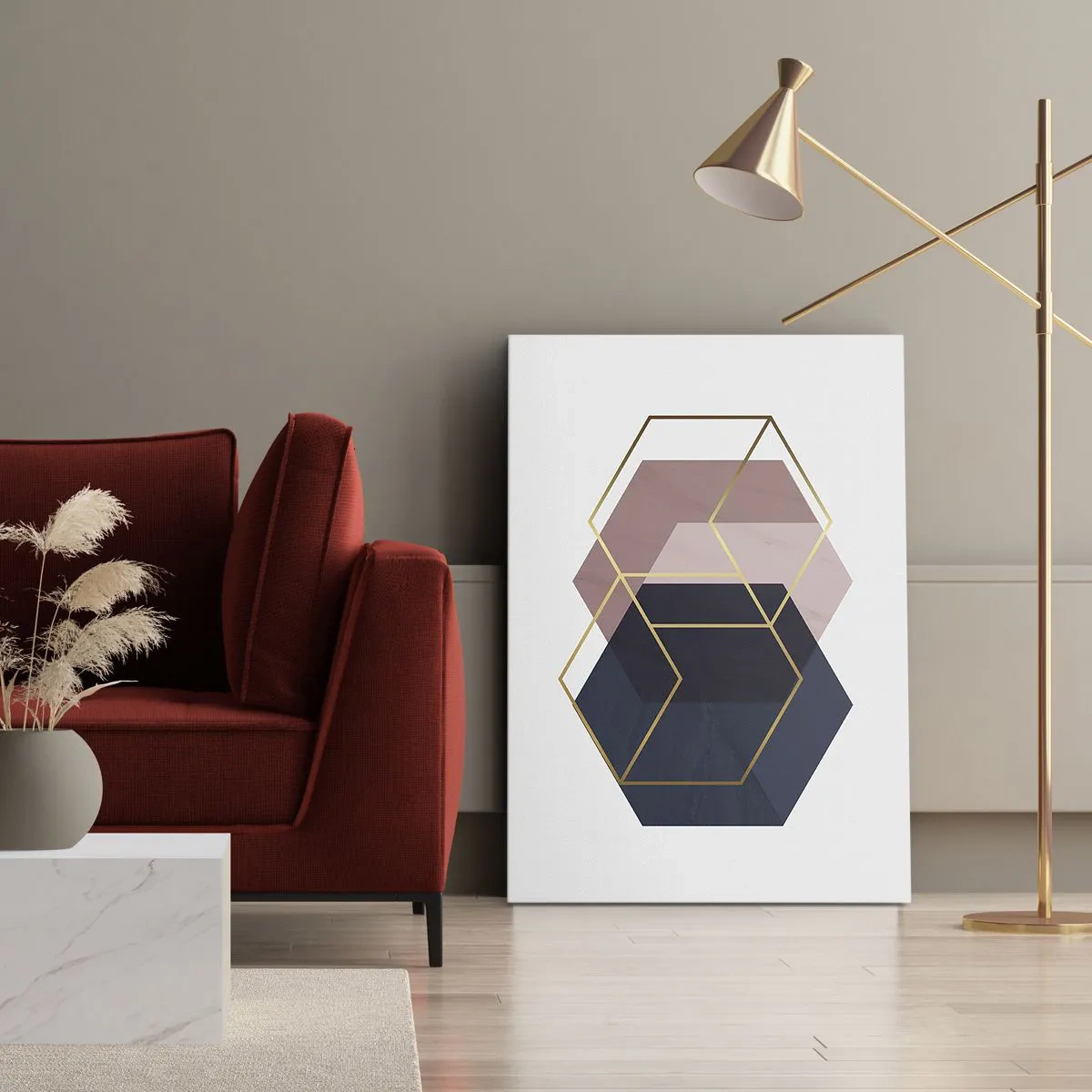 Quadro su tela - Stampe su Tela - Forme geometriche in linee dorate su uno sfondo pastello - 50x70cm - La forza della semplicità - Decorazione murale moderna per soggiorno e camera da letto ARTTOR