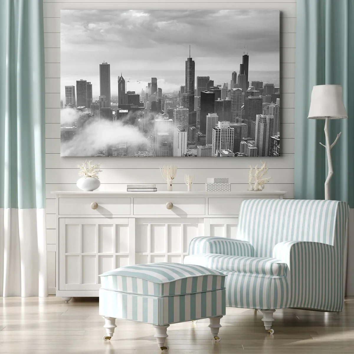 Quadro su tela - Stampe su Tela - Panorama della città con grattacieli tra le nuvole in bianco e nero - 100x70cm - Paesaggio americano - Decorazione murale moderna per soggiorno e camera da letto ARTTOR