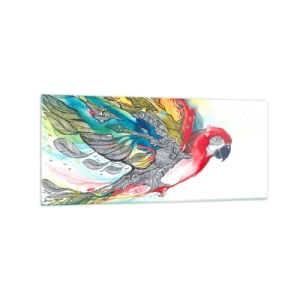Quadro su vetro - Un pappagallo colorato in volo con motivi astratti sulle ali. - 120x50cm - Vivi a colori - Decorazione murale moderna per soggiorno e camera da letto ARTTOR