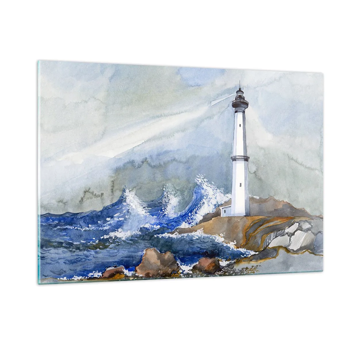 Quadro su vetro - Un faro in riva al mare in tempesta in stile acquerello - 120x80cm - Contro il buio e le burrasche - Decorazione murale moderna per soggiorno e camera da letto ARTTOR