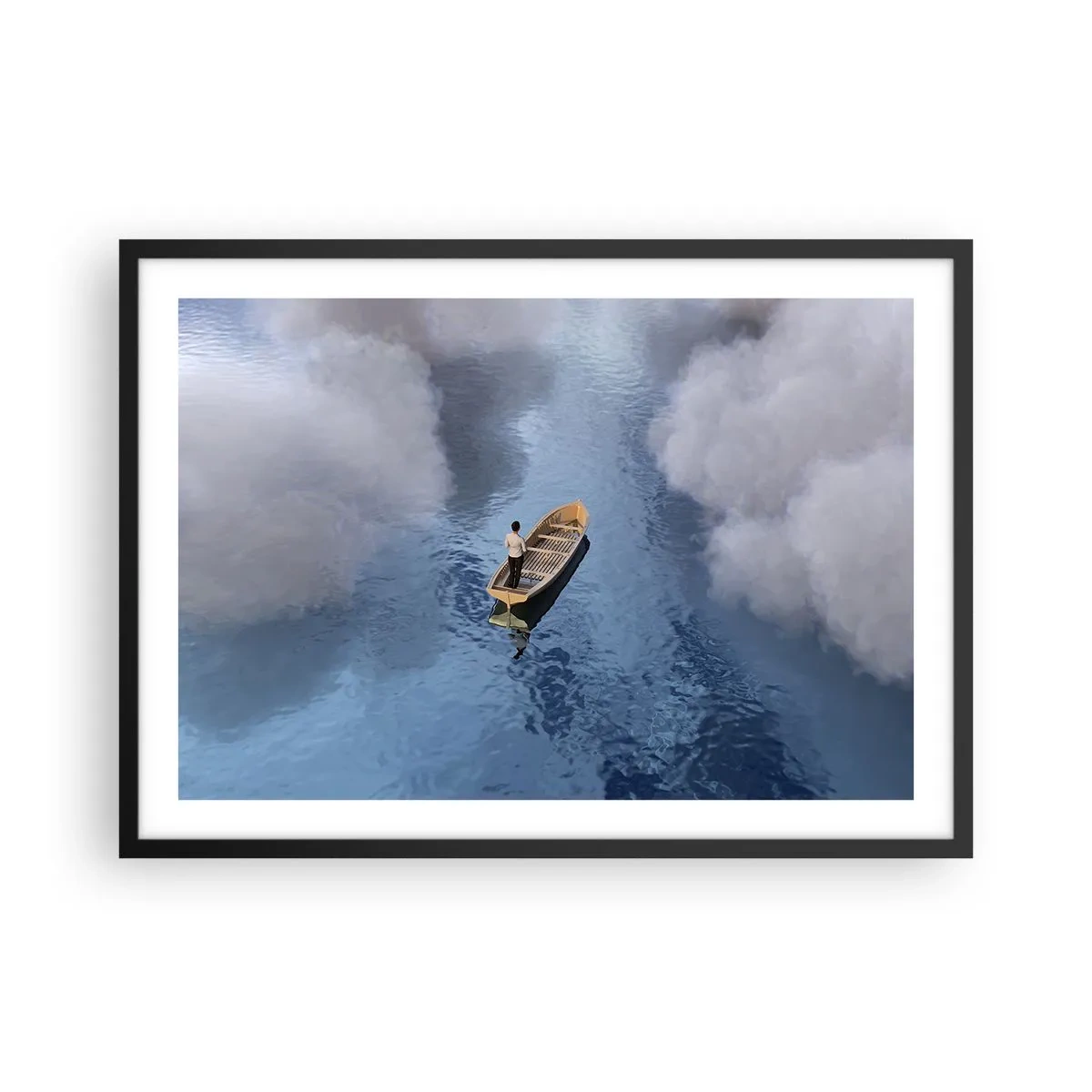 Poster in cornice nera - Un uomo su una barca in un mare calmo circondato da nuvole - 70x50cm - Vita - viaggio - incertezza - Decorazione murale moderna per soggiorno e camera da letto ARTTOR