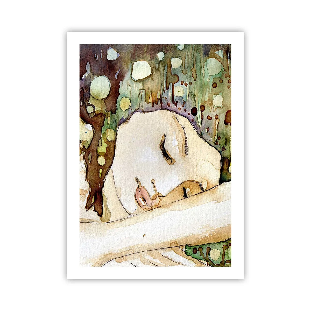 Poster - Ritratto artistico ad acquerello di una donna addormentata - 50x70cm - Sogno smeraldo e viola - Decorazione murale moderna per soggiorno e camera da letto ARTTOR