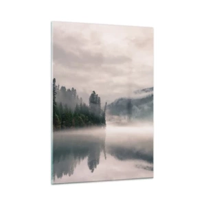 Quadro su vetro - Vista mattutina di un lago nella foresta, avvolto nella nebbia - 50x70cm - Riflettendo nella nebbia - Decorazione murale moderna per soggiorno e camera da letto ARTTOR
