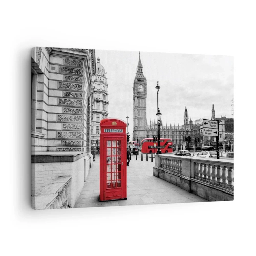Quadro su tela - Stampe su Tela - Una cabina telefonica rossa con il Big Ben sullo sfondo a Londra - 70x50cm - Indubbiamente Londra - Decorazione murale moderna per soggiorno e camera da letto ARTTOR