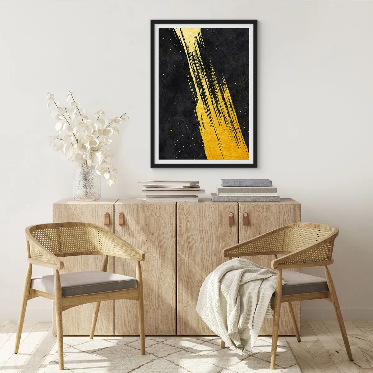 Poster in cornice nera - Pennellate dorate su sfondo nero - 50x70cm - Salto nell'iperspazio - Decorazione murale moderna per soggiorno e camera da letto ARTTOR