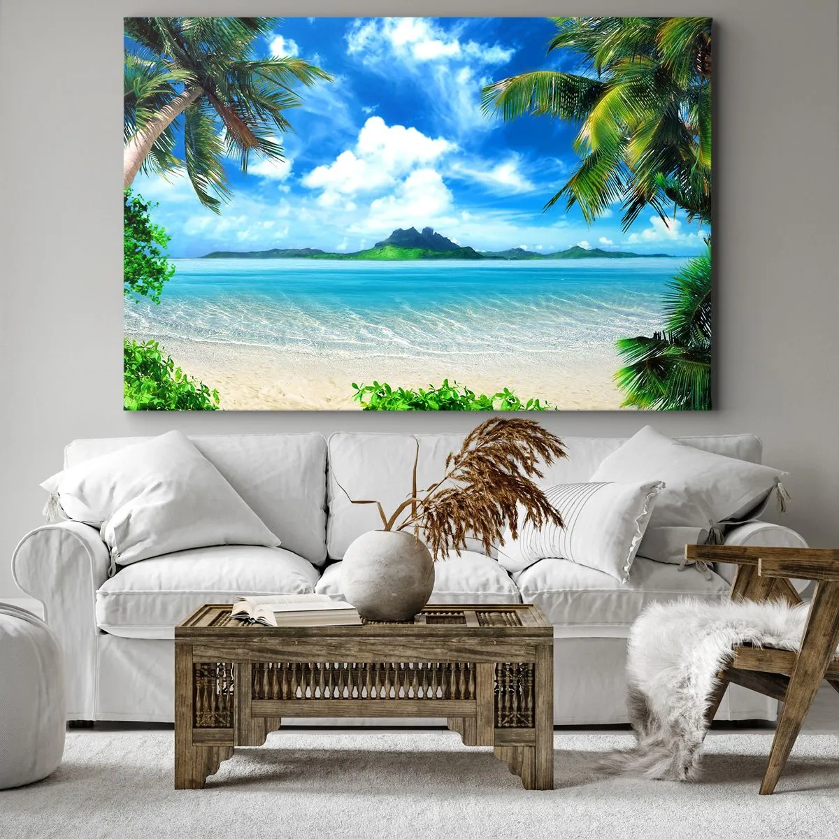 Quadro su tela - Stampe su Tela - Spiaggia tropicale con palme e vista sull'isola - 120x80cm - L'azzurro dei tropici - Decorazione murale moderna per soggiorno e camera da letto ARTTOR